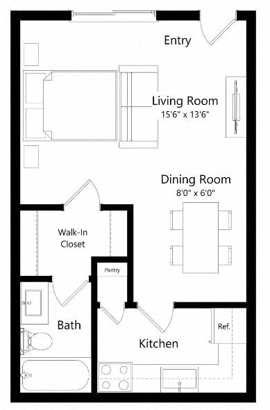 Floor plan for studio, 1 bath, 431 sqft